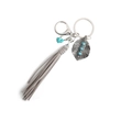 Bohemian key ring with grey suede tassels, silver alloy leaf, and turquoise beads - Gray