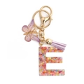 Pink resin letter E keychain with glitter flakes, purple butterfly and leather tassel - Letter E / 8-Loop Clasp + Butterfly