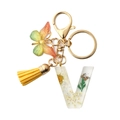 Floral resin letter V keychain with yellow tassel and colorful butterfly pendant charm - Letter V