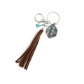 Bohemian alloy leaf keychain with turquoise beads and brown suede tassels decoration - Brown