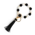 Silicone bead keychain bracelet with marble patterns, leather tassel and gold ring - Black