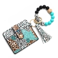Silicone bead wristlet keychain with leopard print card holder and teal accents - Turquoise Green