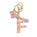 Pink glitter resin letter F keychain with purple tassel and golden metal butterfly - Letter F / 8-Loop Clasp + Butterfly