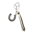 Bohemian western horseshoe keychain with silver star rivets and olive green tassels - Army Green/White
