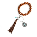 Bohemian wood bead keychain bracelet with turquoise leaf pendant and tassel charm - Brown