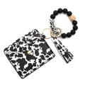 Western silicone bead bracelet keychain set with cow print card wallet and tassel charm - 8# Black