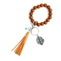 Bohemian wood bead bracelet keychain with yellow leather fringe and alloy leaf charm - Yellow