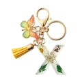 Letter X keychain with white dried flowers, yellow tassel and golden butterfly charm - Letter X