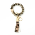 Leopard print silicone bead wristlet keychain with wooden bead and leather tassel - 3 Coffee Leopard Pattern