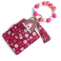 Tarjetero de cuero PU floral rosa con cuentas de silicona, borlas y dije de San Valentín - Floral Rosa Púrpura