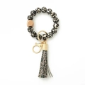 Leopard print silicone bead wristlet keychain with yellow wood bead and golden tassel - 4 Beige Leopard Pattern