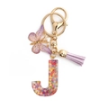 Pink resin letter J keychain with glitter sequins, purple tassel and butterfly pendant - Letter J / 8-Loop Clasp + Butterfly