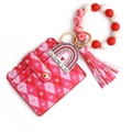 Monedero de corazón en cuero PU de San Valentín con pulsera de cuentas y llavero de borla - Corazón Rosa Fucsia
