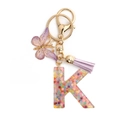 Pink glitter resin alphabet letter K keychain with purple butterfly and leather tassel - Letter K / 8-Loop Clasp + Butterfly