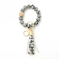 Bracelet porte-clés en perles de silicone à motif vache avec perle en bois et gland - 6 Motif Léopard Blanc