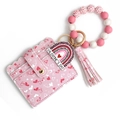 Detail view of Valentine's Day pink heart wallet set with wood beads and tassel - Pink Small Heart