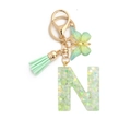 Green resin letter N keychain with butterfly ornament and tassel on golden ring - 8-Loop Clasp + Butterfly / Letter N