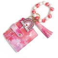 Detail of pink floral PU card holder with beaded Valentine's Day heart wristlet keychain - Rose Red Flower