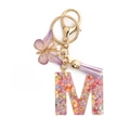 Pink glitter letter M keychain with purple butterfly and leather tassel charms - M / 8-Loop Clasp + Butterfly