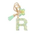 Letter R resin keychain with green sequins, butterfly charm and mint green tassel - 8-Loop Clasp + Butterfly / Letter R