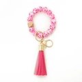 Porte-clés bracelet en perles de silicone rose marbré avec pompon fuchsia et bois - 10 Floral Rose Rouge