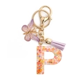 Pink resin letter P keychain with glitter flowers, purple butterfly, and tassel detail - Letter P / 8-Loop Clasp + Butterfly