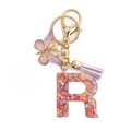 Pink glitter resin letter R keychain with purple butterfly and suede tassel charm - Letter R / 8-Loop Clasp + Butterfly