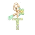 Resin letter T keychain with green butterfly, glitter sequins and leather tassel - 8-Loop Clasp + Butterfly / Letter T