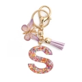 Pink resin letter S keychain with colorful sequins, purple butterfly, and gold tassel - S / 8-Loop Clasp + Butterfly