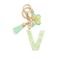 Green resin letter V keychain with sequin stars, butterfly charm and leather tassel - 8-Loop Clasp + Butterfly / Letter V