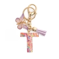 Pink glitter resin letter T keychain with purple tassel and butterfly pendant decoration - Letter T / 8-Loop Clasp + Butterfly