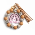 Bracciale portachiavi con perle in silicone leopardate e gialle e ciondolo mama arcobaleno - Coffee (Pure Wood Bead)