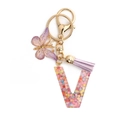 Pink snowflake resin keychain featuring letter V with purple butterfly and lavender tassel - Letter V / 8-Loop Clasp + Butterfly