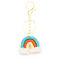 Porte-clés arc-en-ciel fait main en coton tressé avec fermoir doré et franges - Cyan