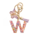 Pink resin letter W keychain with glitter flowers, purple butterfly and tassel - Letter W / 8-Loop Clasp + Butterfly