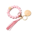 Pink marble silicone bead keychain bracelet with beech wood bead and leather tassel - Sakura Pink