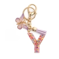Pink snowflake resin alphabet Y keychain with purple tassel and gold butterfly charm - Letter Y / 8-Loop Clasp + Butterfly