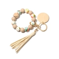 Pink silicone and floral beads keychain wristlet with wooden bead and tan tassel charm - Beige Floral