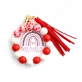 Portachiavi mama con perle in legno, motivi a cuore e nappa elegante in camoscio - Rosso (Perlina in Puro Legno)