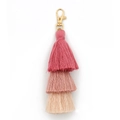 Boho triple-layered cotton tassel keychain in pink gradient with golden lobster clasp - Pink