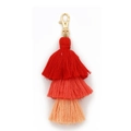 Handmade triple-layered cotton tassel keychain in red and orange gradient with gold clasp - Red