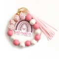 Bracciale portachiavi in perline di silicone rosa con ciondolo mama e nappa - Rosa (Perlina in Puro Legno)