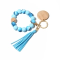 Light blue silicone beaded wristlet keychain with wooden bead and matching leather tassel - Ocean Blue