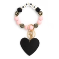 Pink and leopard silicone bead MAMA keychain wristlet with a black heart charm - Pink