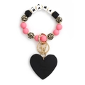 Pink and leopard silicone bead MAMA keychain bracelet with black heart pendant - Deep Pink