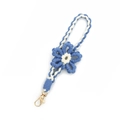 Handmade woven sunflower wrist strap with blue and white cotton cord and gold lobster clasp - Blue