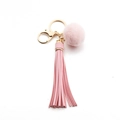 Pink PU leather tassel and faux fur pompom keychain with golden lobster clasp and ring - Tassel with Fur Ball Style / Pink (C1)