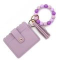 Purple silicone bead wristlet keychain with PU leather card holder and tassel charm - Light Purple