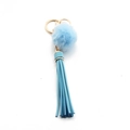 Light blue faux fur pompom and long leather tassel keychain with gold-tone hardware - Tassel with Fur Ball Style / Blue (C2)