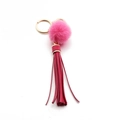 Pink faux fur pompom keychain with matching PU leather tassels and gold metal clip - Tassel With Fur Ball (C3) / Rose Red